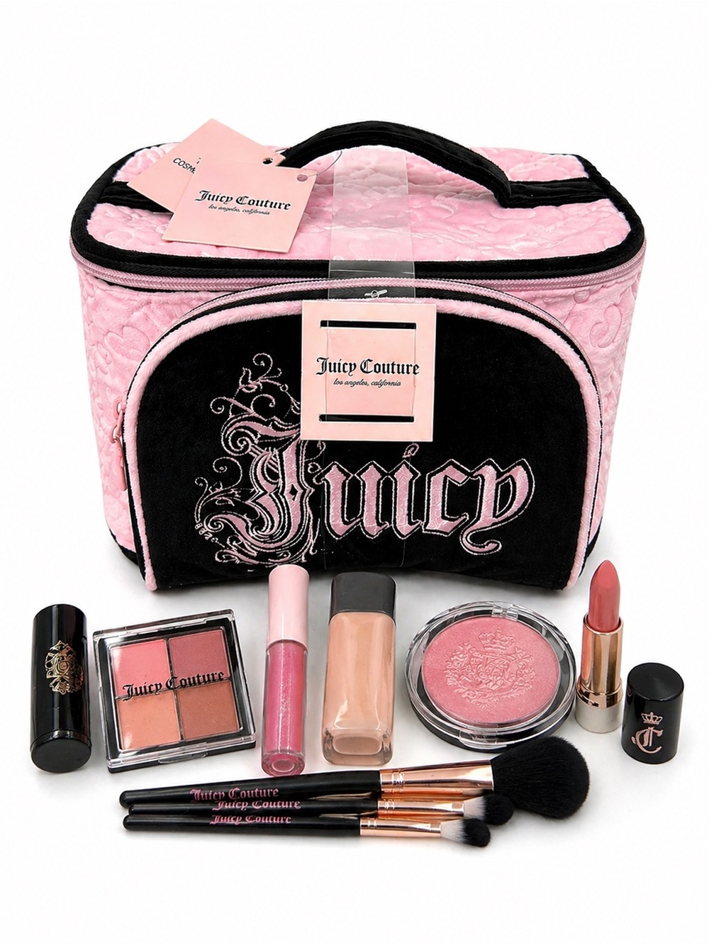 Juicy Couture Pink Cosmetic Case Travel Bags 3D Velour Embroidered Logo